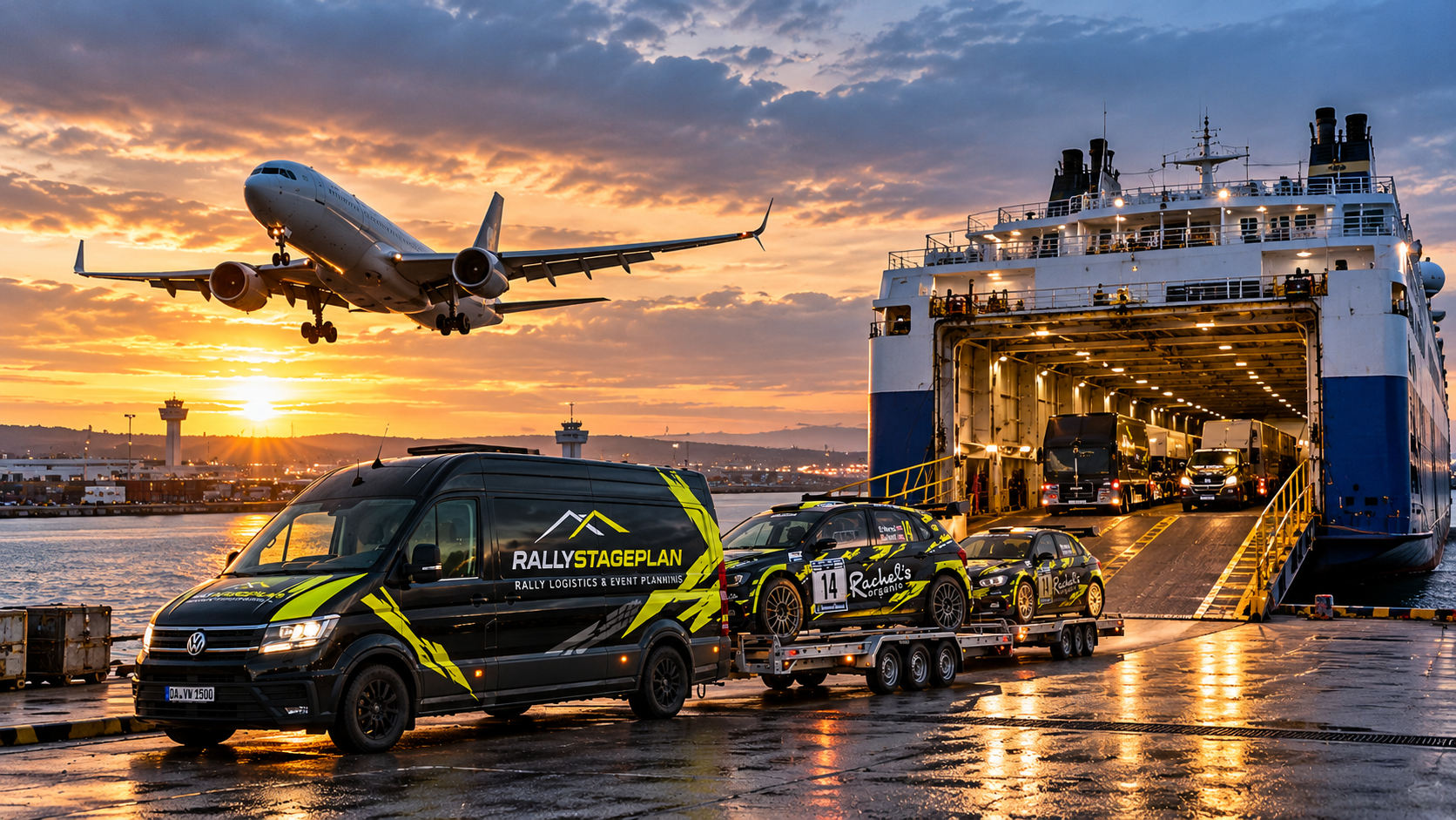 Airplane and car ferry at a port, illustrating rally travel logistics