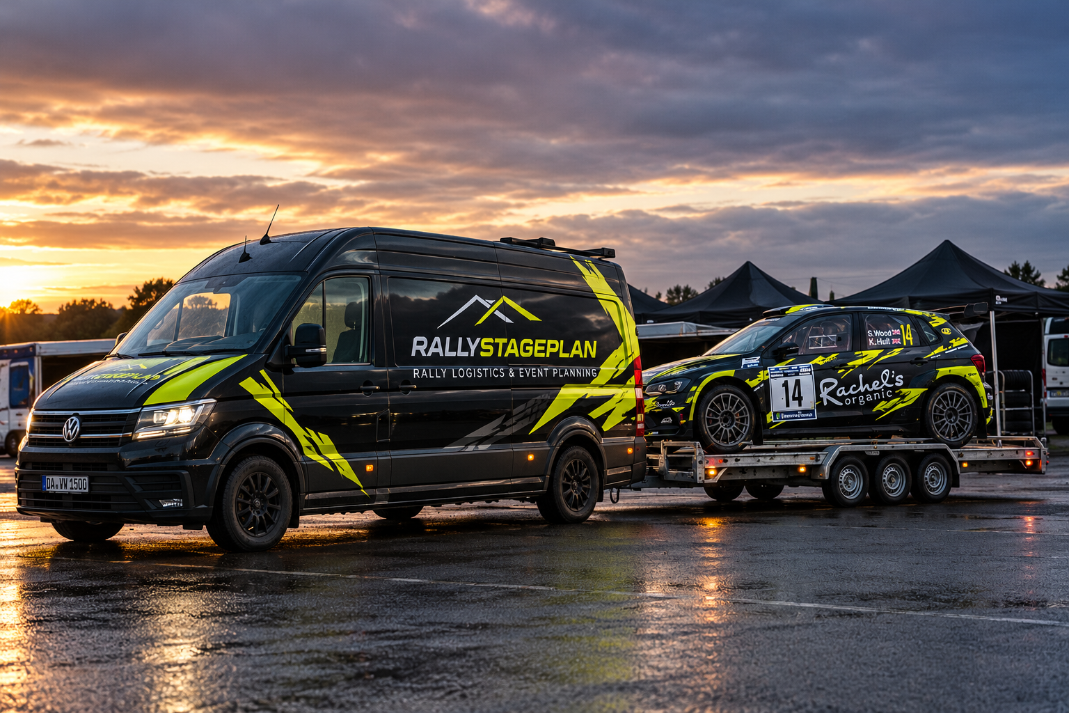 RallyStagePlan support van towing a car transporter carrying a rally car